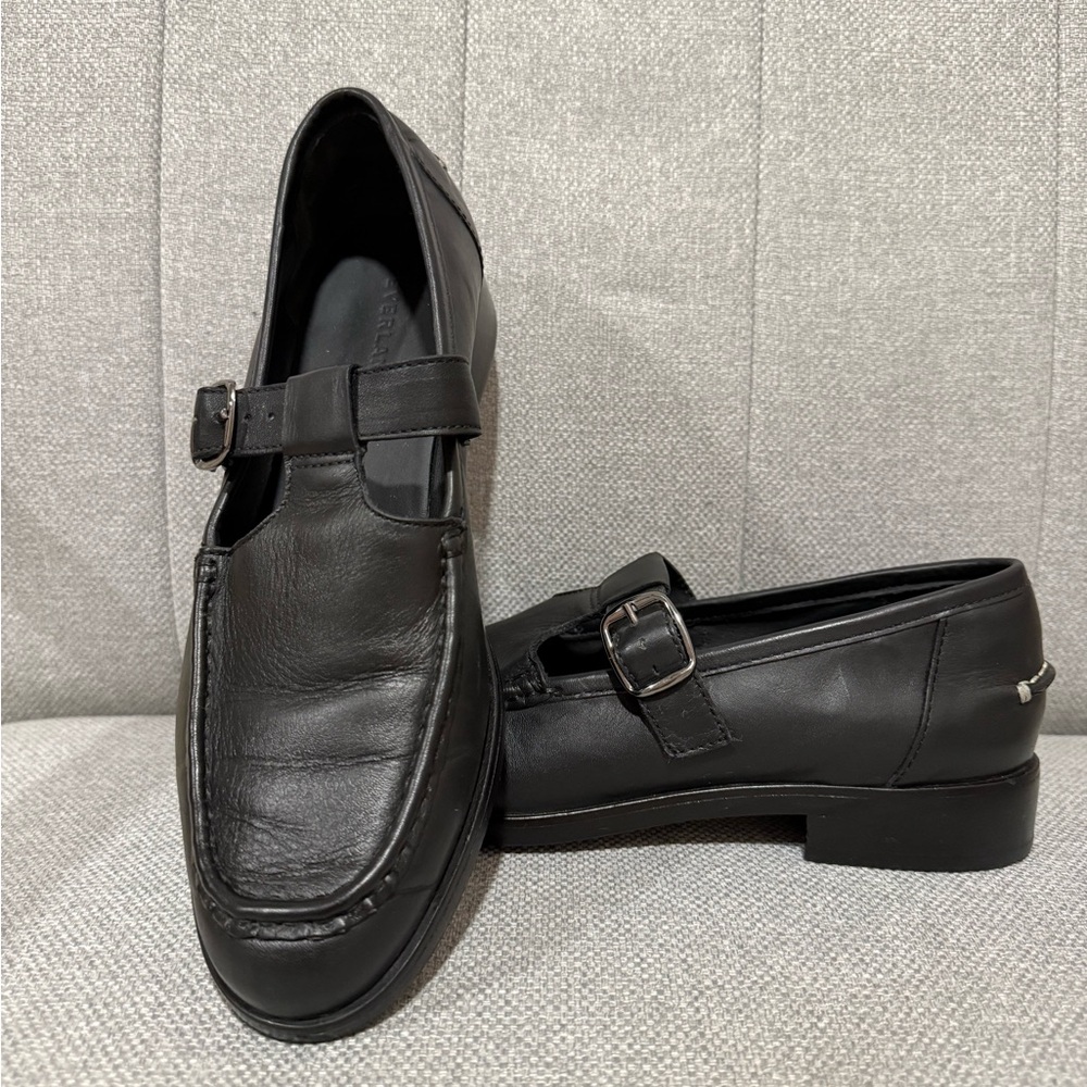 Everlane Black Leather T-Strap Mary Jane Loafers Minimalist Buckle Shoes 9.5